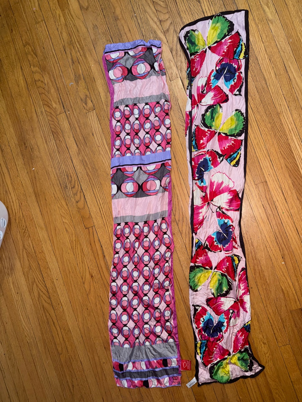 Two Oscar de la Renta scarves - Colorful Butterfly & Geometric Print Scarves